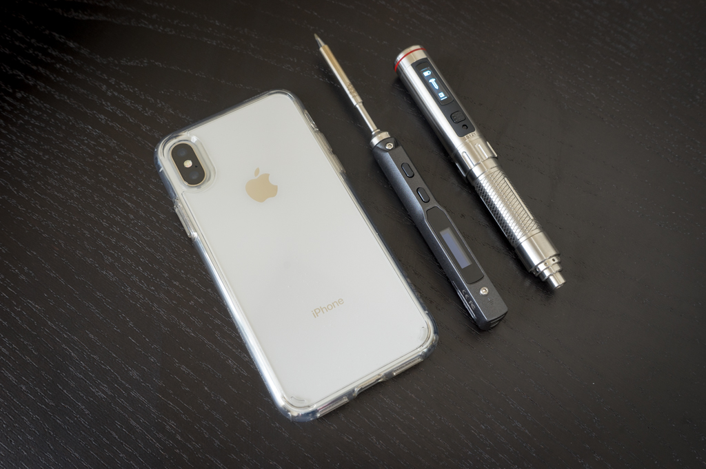 Size comparison: iPhone X, TS-100 soldering iron and ES-121 screwdriver.