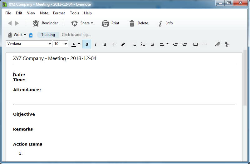 Newly created note in Evernote for Windows.