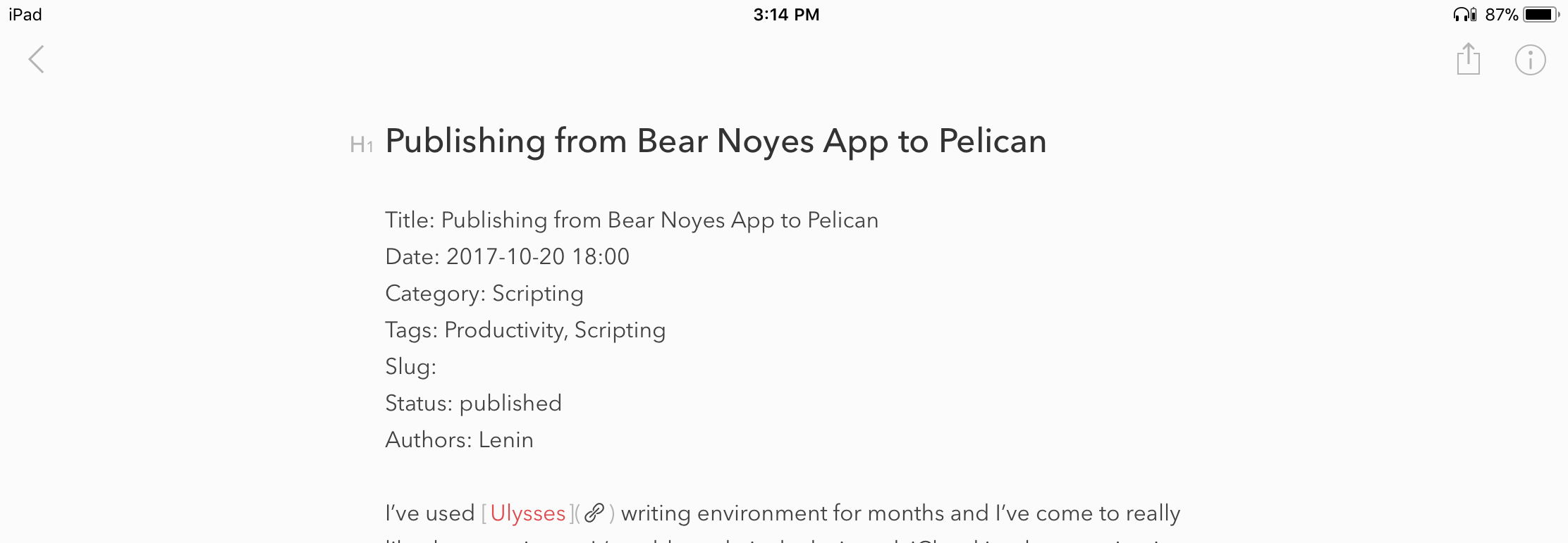 Screenshot from Bear App for iOS. “H1” line is removed by the script.