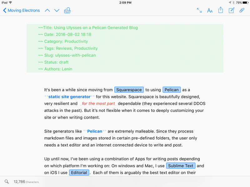 Ulysses for iOS on iPad Pro.