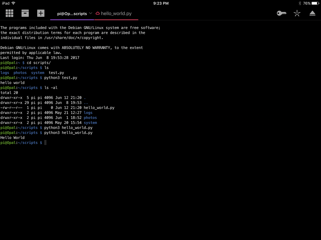 Coda iOS. Python script and SSH connection tabs.