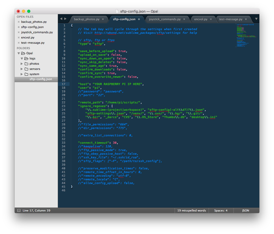 Sublime Text 3 Window showing SFTP Plugin&rsquo;s JSON configuration file.