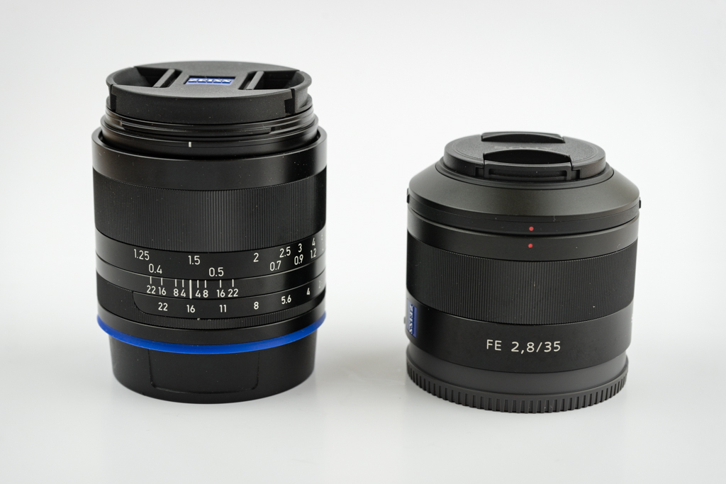 Size comparison. Left: Loxia 35mm f/2. Right: Sony/Zeiss 35mm f/2.8.