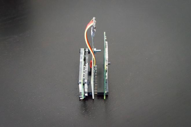 Assembly setup. From left to right: Raspberry Pi Zero W, Perma Proto and Sense HAT.