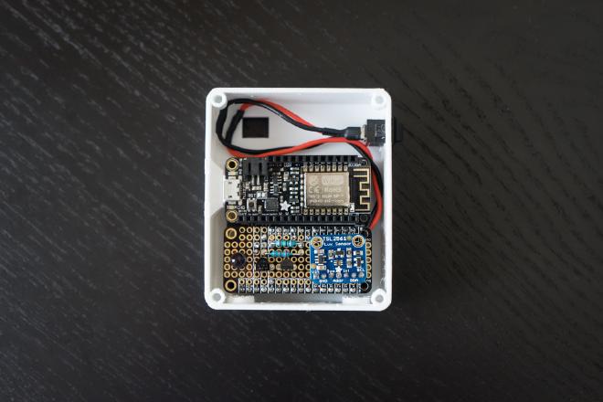 Final setup. The only piece missing is the OLED FeatherWing that goes on top of the Feather Huzzah.