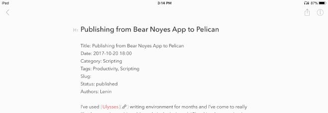 Screenshot from Bear App for iOS. “H1” line is removed by the script.
