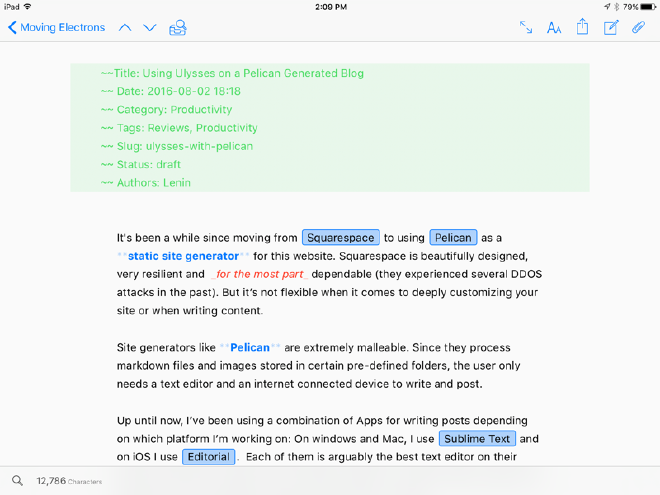 Ulysses for iOS on iPad Pro.