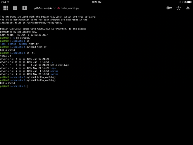 Coda iOS. Python script and SSH connection tabs.
